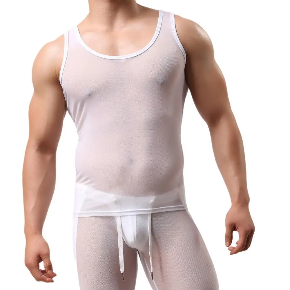 Men Mesh T Shirt Transparent Undershirt Mens Tank Tops See-Through Sleeveless Shirt Sexy Men Singlets Bodybuilding Fitness Mesh Vest