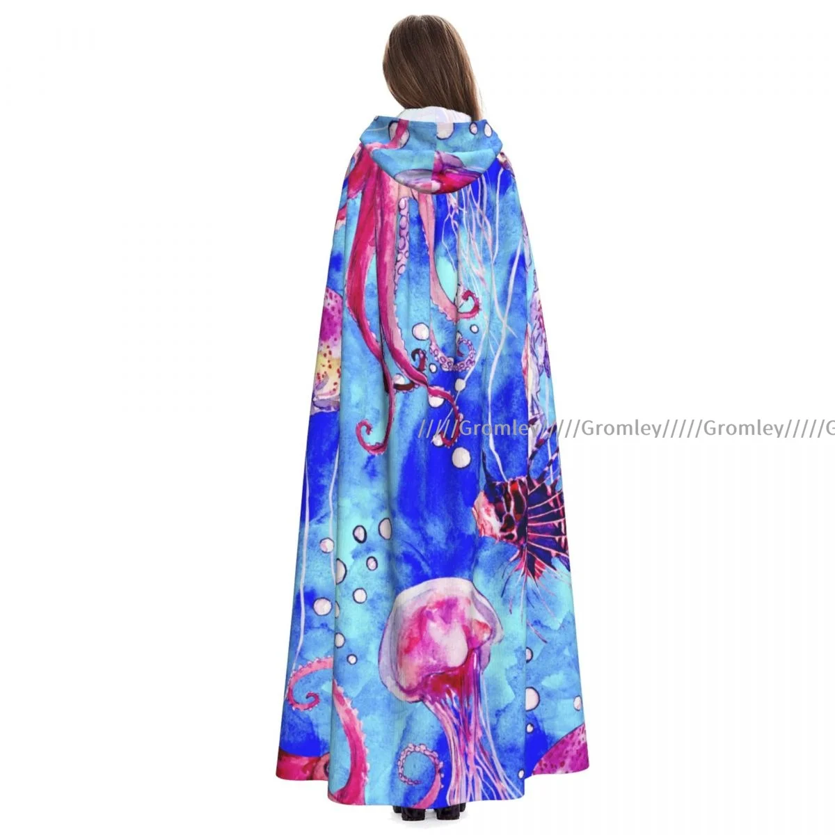 

Unisex Halloween Cloak Red Octopus Lionfish Jellyfish Cape Hooded Medieval Costume Witch Wicca Vampire