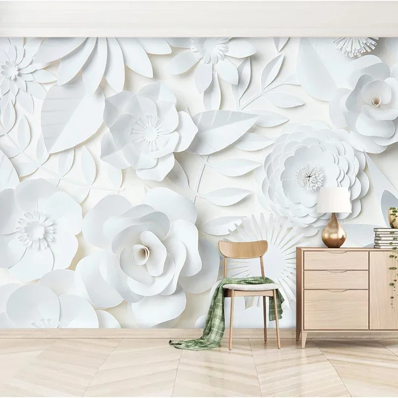 Papel de Parede com Pintura Personalizada para Paredes 3d Flores Brancas Estereoscópicas Quarto Sala de Estar Plano de Fundo de Parede