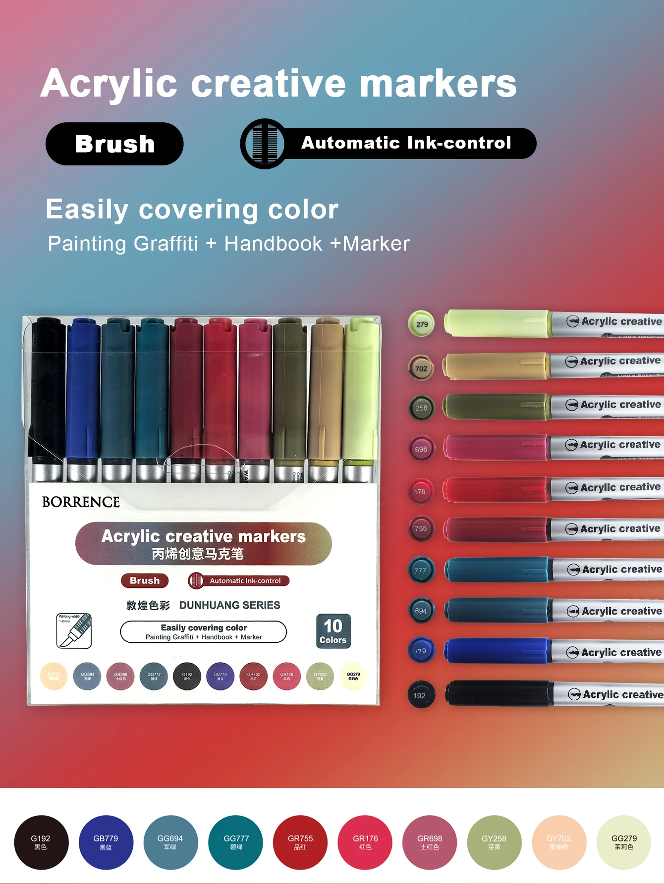 Vibrant Acrylic Brush Markers Set with Automatic Ink Control - 10 Colors