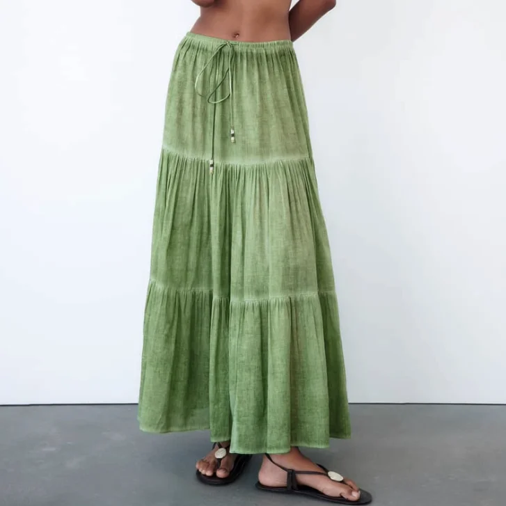 

Boho Beach Wear Falda Vintage A-LINE Bohemian Skirts Summer Loose Elastic Waist Cotton Line Green Tie Dye Maxi Skirt for Women