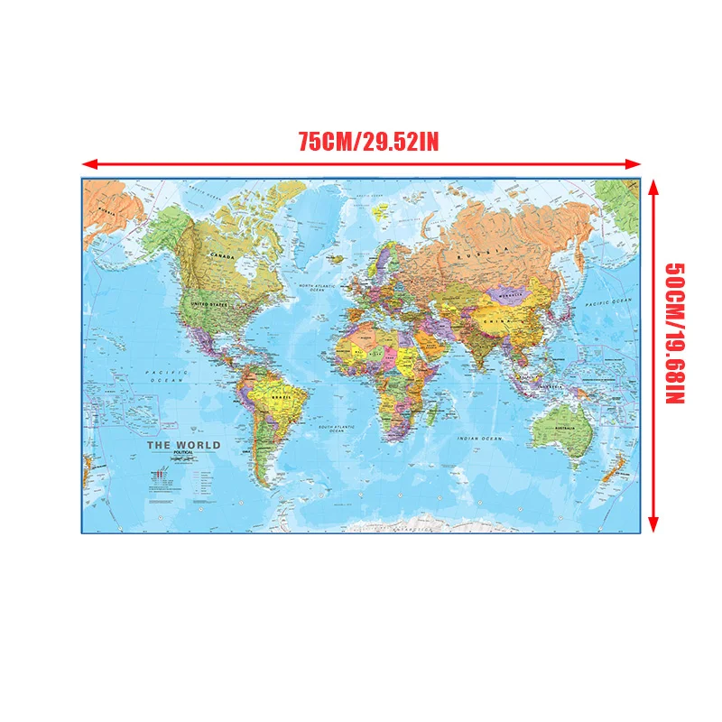 World Map 75*50cm Details Spray Canvas Painting Wall Art Poster Home Decoration Office School Supplies In English