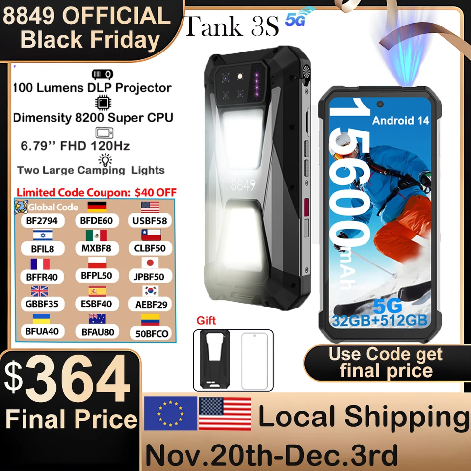 Unihertz TANK 3S プロジェクター搭載スマホ Unihertz Tank 3 Pro 8849、100 ルーメン 120Hz プロジェクター、32GB