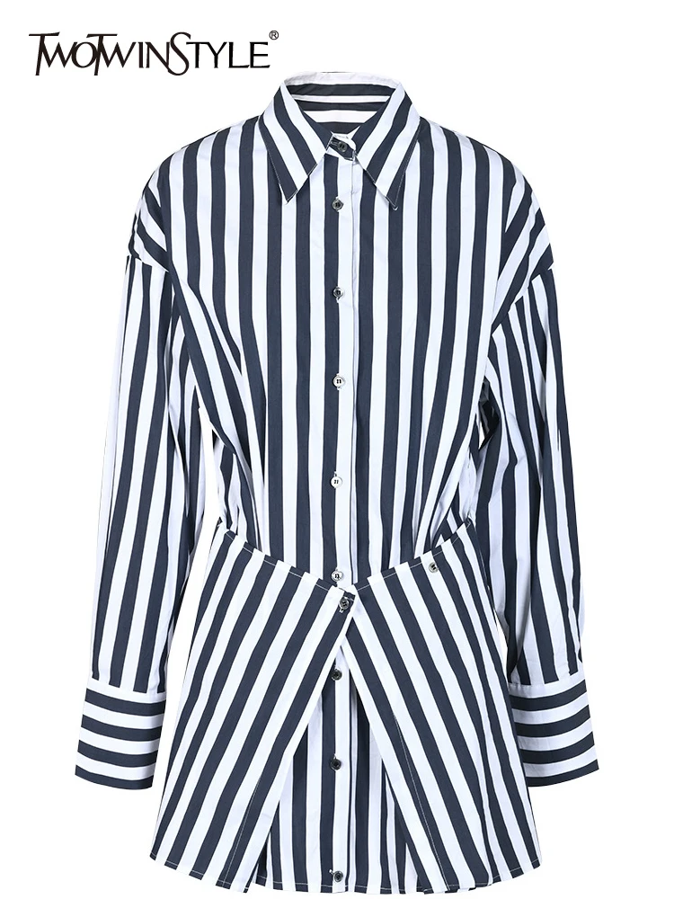 

TWOTWINSTYLE Colorblock Striped Spliced Single Breasted Casual Blouses For Women Lapel Long Sleeve Irregular Loose Blouse Female