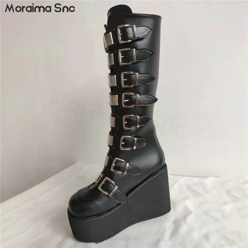 Pink Metal Belt Buckle Platform Boots Y2K Round Toe Heightened Thick-Soled Large Size Personality Fashion High-Top Women's Boots