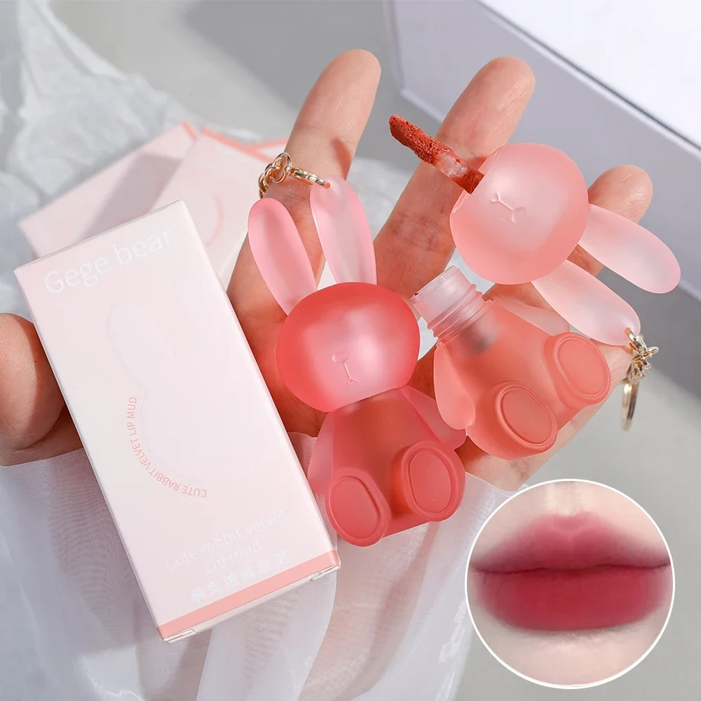 Pink Rabbit Keychain Matte Lip Gloss Lasting Moisturizing Non-Stick Cup Velvet Lip Mud Sexy Red Brown Liquid Lipsticks Cosmetics 4