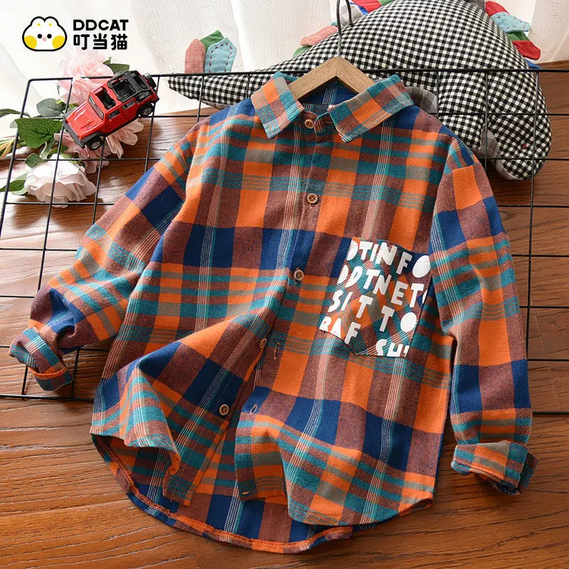 Boys' Shirt Autumn and Winter Cotton Handsome Coat Middle Children's Plaid Long Sleeve Plush Spring and Autumn Shirt