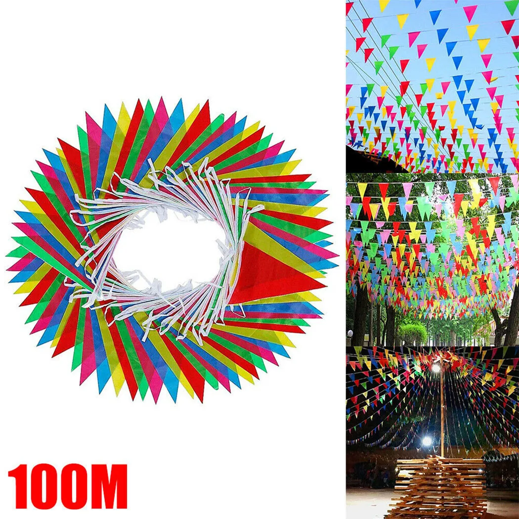 100M Multicolored Triangle Flag Bunting Party Banner Triangle Garland For Kindergarten Home Gardens Wedding Shop Street Decors