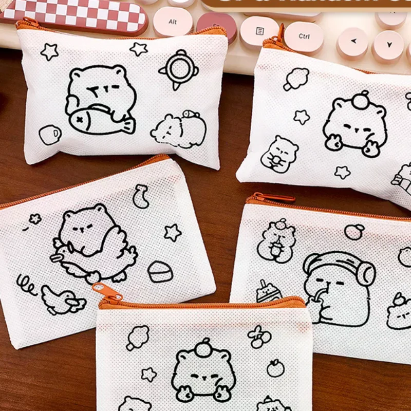 5Pcs Cute Cartoon Capybara Painting Graffiti Coin Bag Pencil Storage Bag Non-woven Painting Pen Bag Kid DIY Art Toys
