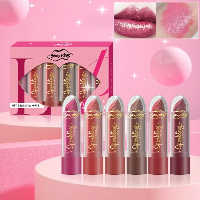 6-farbiges Glitzer-Lippenstift-Set, Perlen-Glitzer-Finish, langlebiger Lipgloss, Valentinstagsgeschenk für Frauen