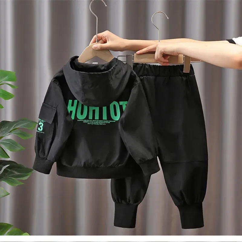 Childrens Spring and Autumn 2024 New Fashionable Boys And Girls Long Sleeved Hooded+Pants Korean Edition Two Piece Set Children