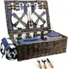 Extra Large Willow Picnic Basket with Service Set for 4 Persons, Natural Wicker Picnic Hamper with Free Food Cooler, Fleece 1