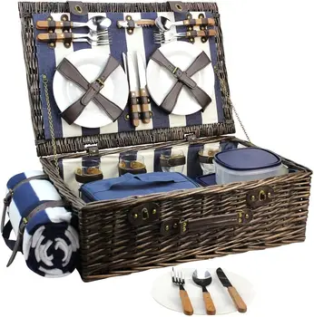 Extra Large Willow Picnic Basket with Service Set for 4 Persons, Natural Wicker Picnic Hamper with Free Food Cooler, Fleece 1