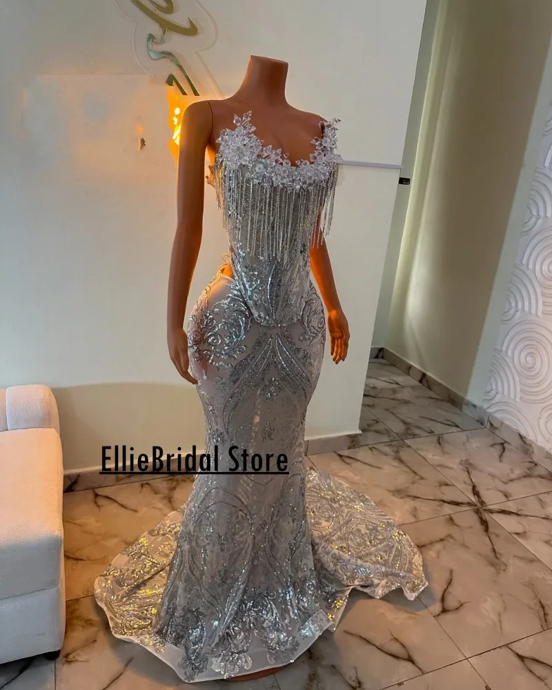 Prom Dresses For Black Girls Sexy Strapless Sequin Mermaid Party Gowns Crystal Tassel vestidos de festas Customized women prom dresses