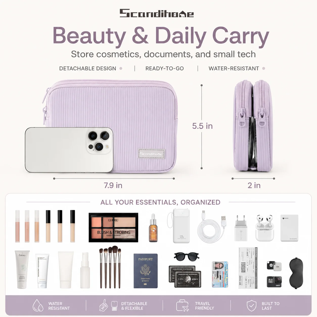 Women's Large Waterproof Travel Makeup and Toiletry Organizer with Clear Pocket