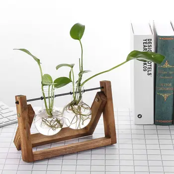 Hydroponic Plant Vases Glass Vase Vintage Bonsai Flower Pot Terrarium Tabletop Tray Wooden Frame Home Decor 3