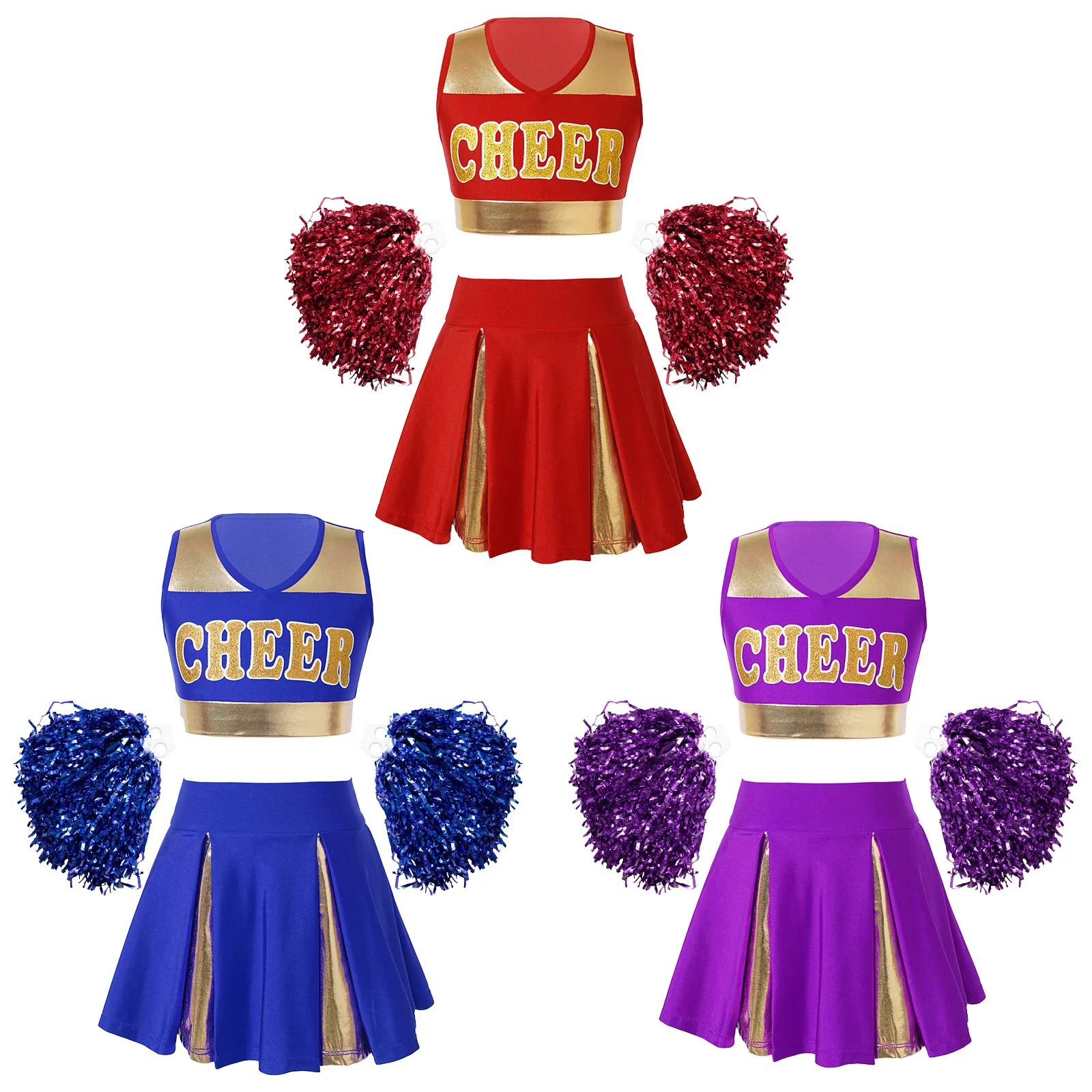 Kids Girls Cheerleader Costume School Girl Cheer Uniform Outfit Sleeveless Crop Top with Pleated Skirt and 2Pcs Flower Balls Set