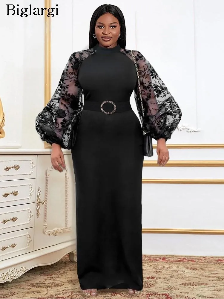 

Plus Size Autumn Lace Patchwork Long Dress Women Elegant Modis Bodycon Ladies Dresses Hollow Out Lantern Sleeve Woman Dress 2023