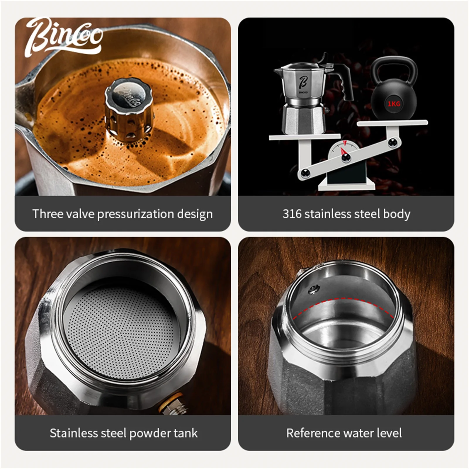 Bincoo Triple Valve 316 Stainless Steel Moka Pot Dual Pressure