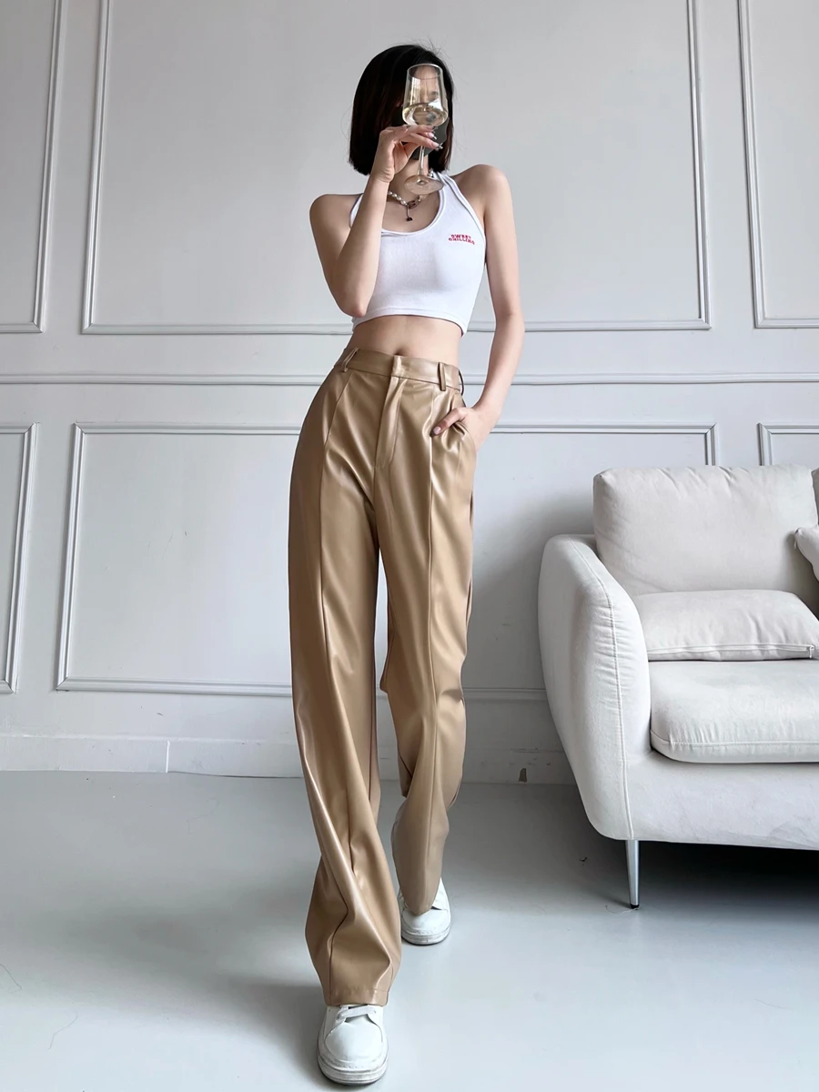 Vintage High Waist Leather Pants Women Fashion Streetwear Loose Straight  Stacked Pants Spring Summer New