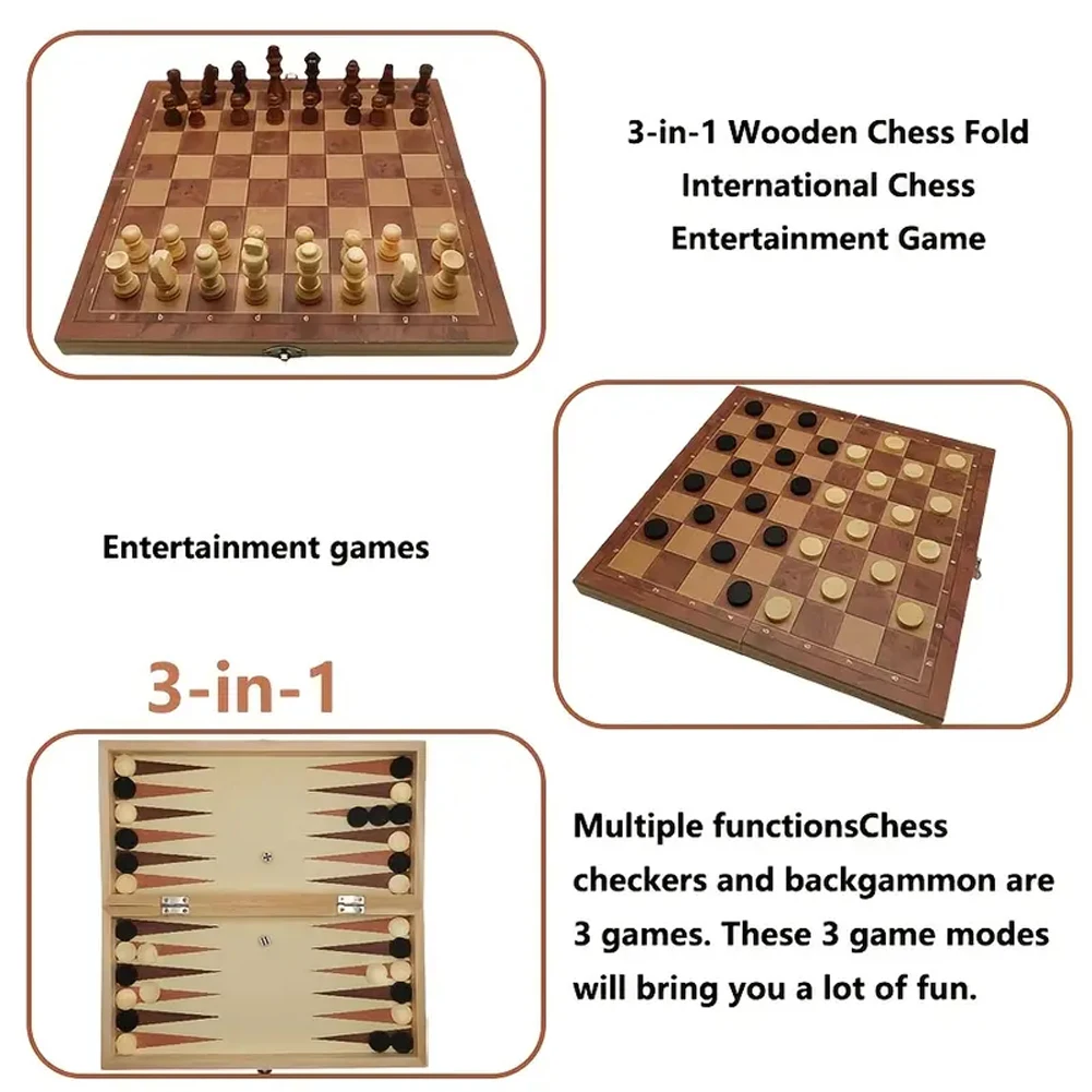 Board Game 3in 1 Portable Travel Chess Checker Backgammon Folding Storage Wooden Set International Checkers