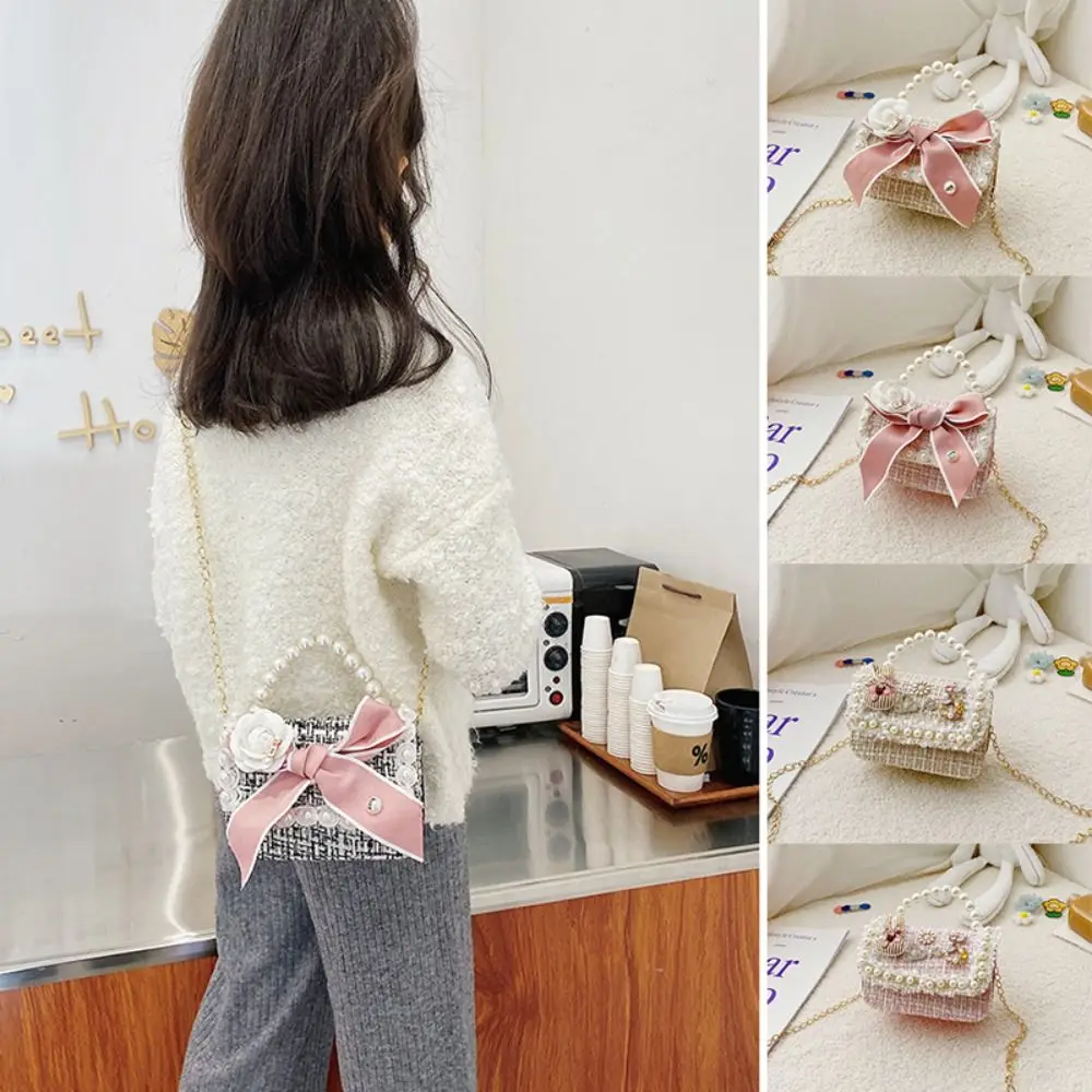 

Pearl Handle Mini Chain Crossbody Bag Cute Bow-knot Square Princess Shoulder Bag Coin Purse Clutch Bag Kid's Handbag