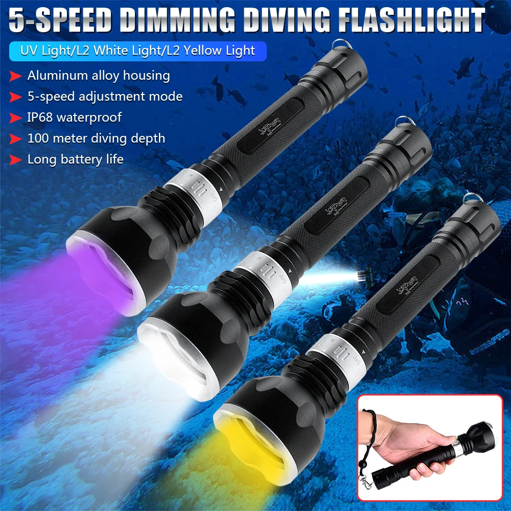 

IP68 Highest Waterproof Rating Professional Diving Flashlight Underwater 100M 5Mode White/Yellow/UV Light Scuba Diver Torch Lamp