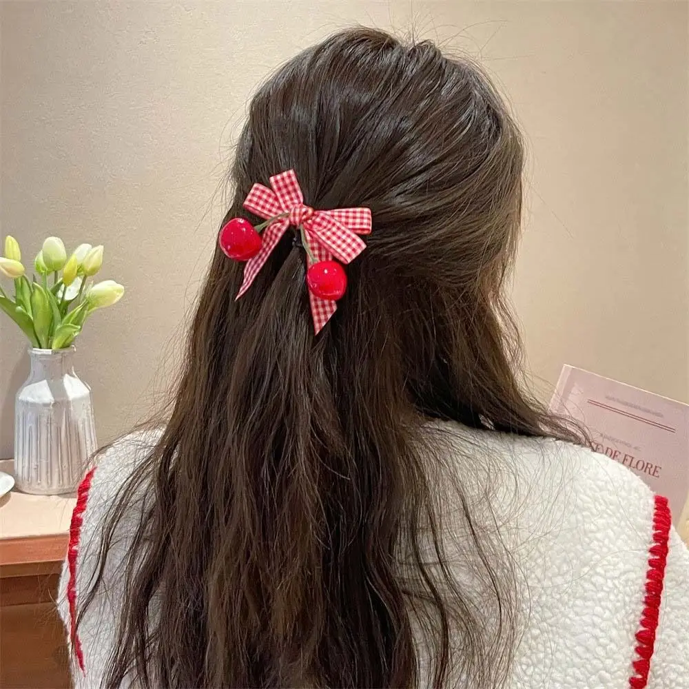 Bowknot Cherry Hairpin Checkered Pattern Bow Headwear Cherry Bow Barrettes Cloth Side Clip Bow Hair Clip Children children s neck winter baby neck cover windproof boy warm korean girls two color checkered children s scarf thickened