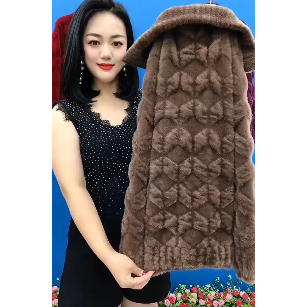 중년 노인 어머니 모조 밍크 벨벳 코트, 두꺼운 스탠드 지퍼 카디건 스웨터, 여성 니트 재킷, 6XL, 가을 겨울