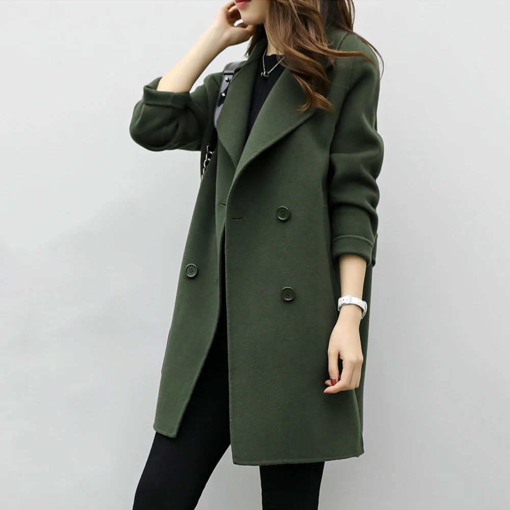Coat Women Autumn Winter Jackets Solid Color Lapel Double-breasted Woolen Midi Trench Coat Loose Long Sleeve Jacket Warm Keeping