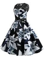 Floral Print Vintage Women Summer A Line Lace Party Dresses Robe Tunic Casual Office Ladies Dress - Image 3