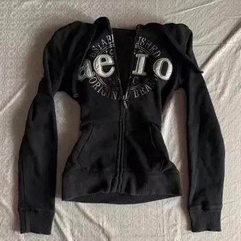 Giacca retrò americana grunge Design vintage Felpa con cappuccio nera Primavera Autunno Y2k Abbigliamento Slim Top Lettera Felpe Novità 1