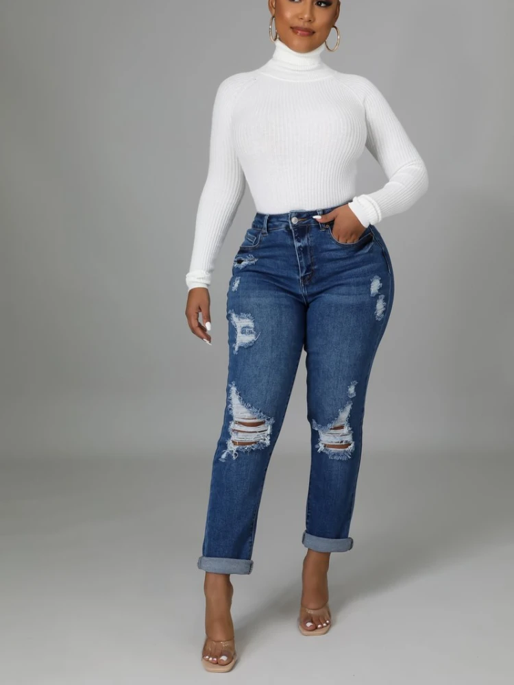 

Spring Autumn New Elastic Fashion Ripped Jeans Small Foot Trousers Women High Waisted Jeans Vintage Streetwear Jeans Woman
