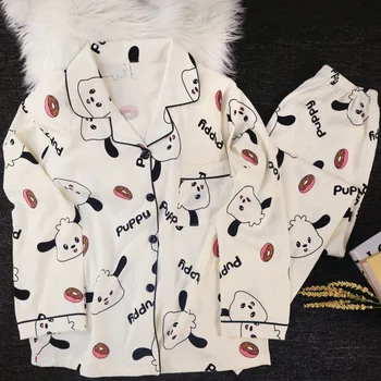 جديد 2025 ربيع الخريف منامة مجموعة المرأة لطيف الكلب طباعة طويلة الأكمام ملابس خاصة المتسكعون ملابس المنزل مريحة الزي غير الرسمي 3