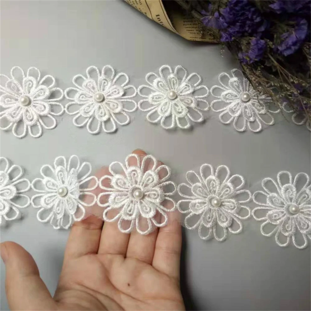 

10x White Pearl Flower DIY Soluble Wedding Lace Trim Knitting Embroidered Handmade Patchwork Ribbon Sewing Supplies Craft 5CM