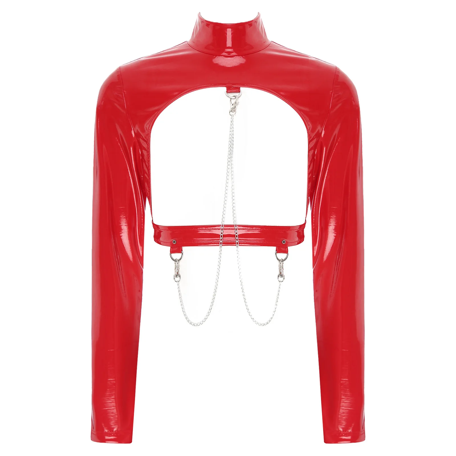 Sexy Women Exotic Tanks Glossy Wet Look Patent Leather Hollow Out Cropped Top Stand Collar Long Sleeve Open Cup T-shirt Clubwear