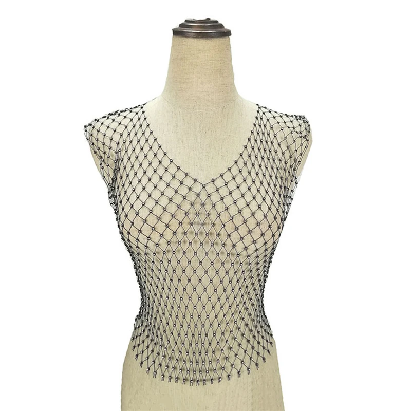 Sexy Glänzende Strass Fishnet Frauen Y2K Tank Tops Durchsichtig Crop Top Sommer Strand Cover Up Tops Party Nachtclub Frauen Kleidung – Detail 5