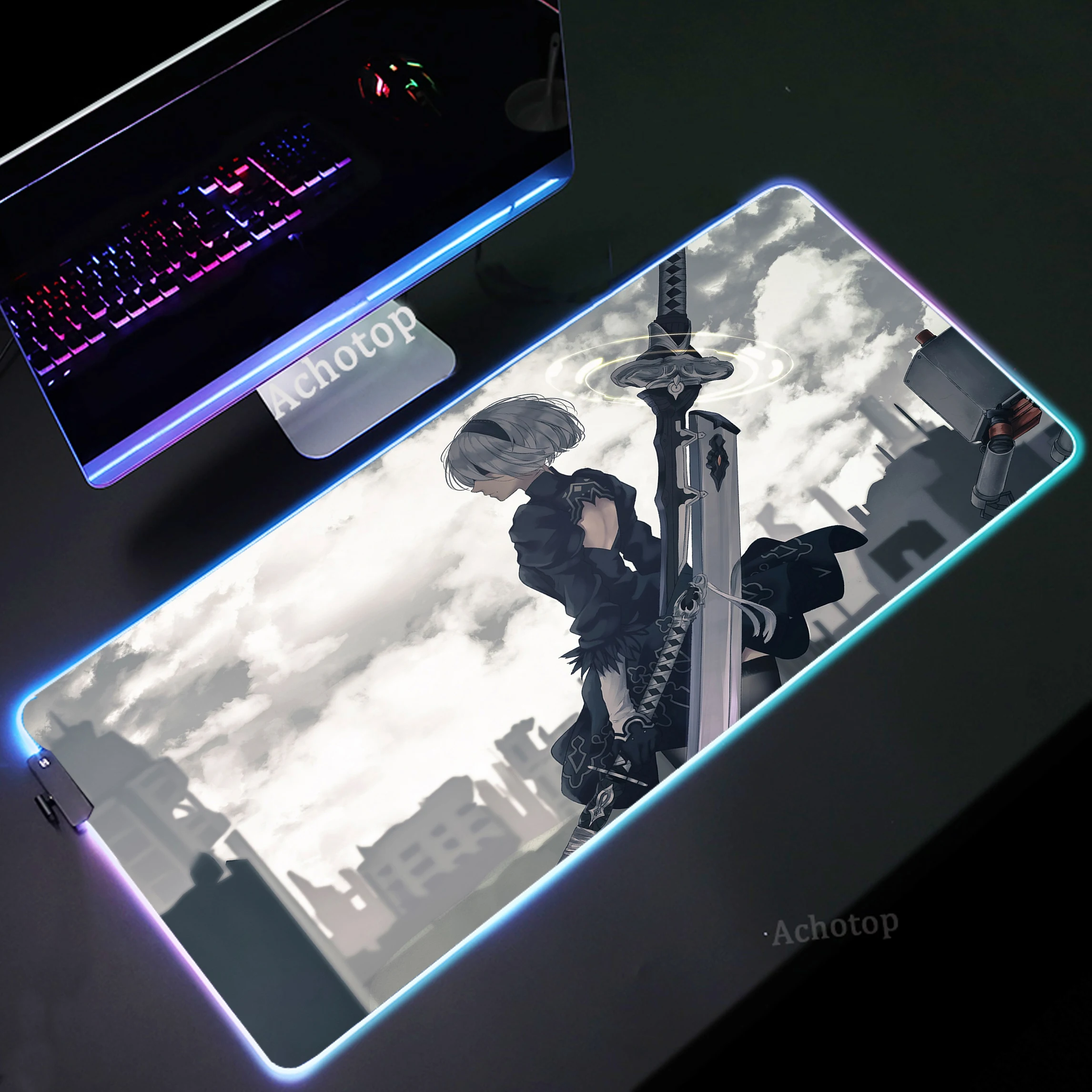 

Nier RGB Mouse Pad Gamer Desktop Mousepad Locking Edge LED Mouse Mat Gaming Accessories Keyboard Pads Natural Rubber Deskmat