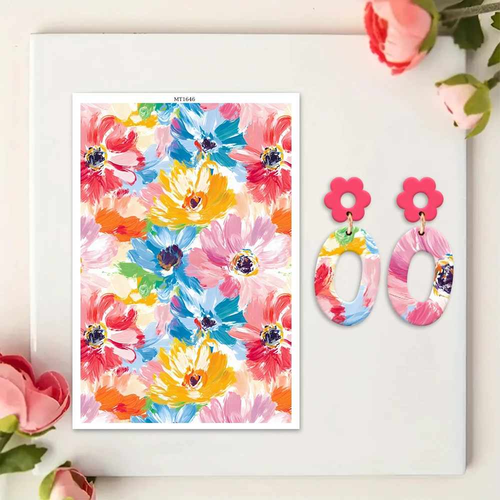 1pcs 폴리머 클레이 전사 시트-다채로운 꽃 프린트 DIY 쥬얼리 만들기, 폴리머 클레이, 수지, 부드러운 클레이 귀걸이와 호환 가능