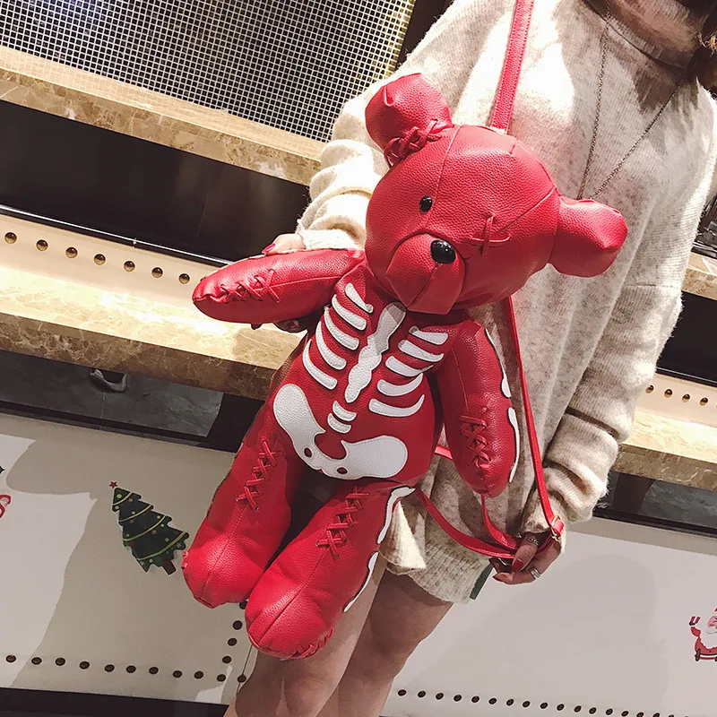 Skeleton Bear Backpack PU Leather Artistic Personality Thriller Single Shoulder Crossbody Backpack Halloween Backpacks 2