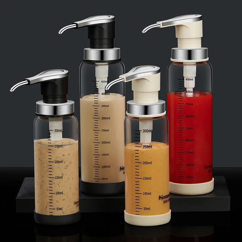 Condiment Squeeze Bottle 1pc Syrup Ketchup Vinegar Glass Sauce Press Bottle Pressure Nozzle Oyster Sauce Push Pump