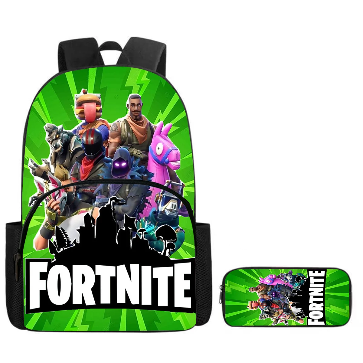 Fortnite Cartoon Backpack w/ Front Pocket & Pencil Case 2PCS - School Set for Boys Girls Age 5-8, Back to School Gift 1