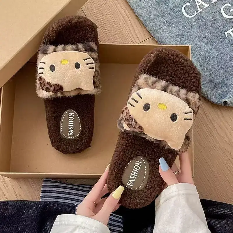 Kitty Cartoon Leopard Print Fur Slippers Kawaii Indoor Comfortable Non-Slip Slippers Cute Couple Cotton Shoes Gift