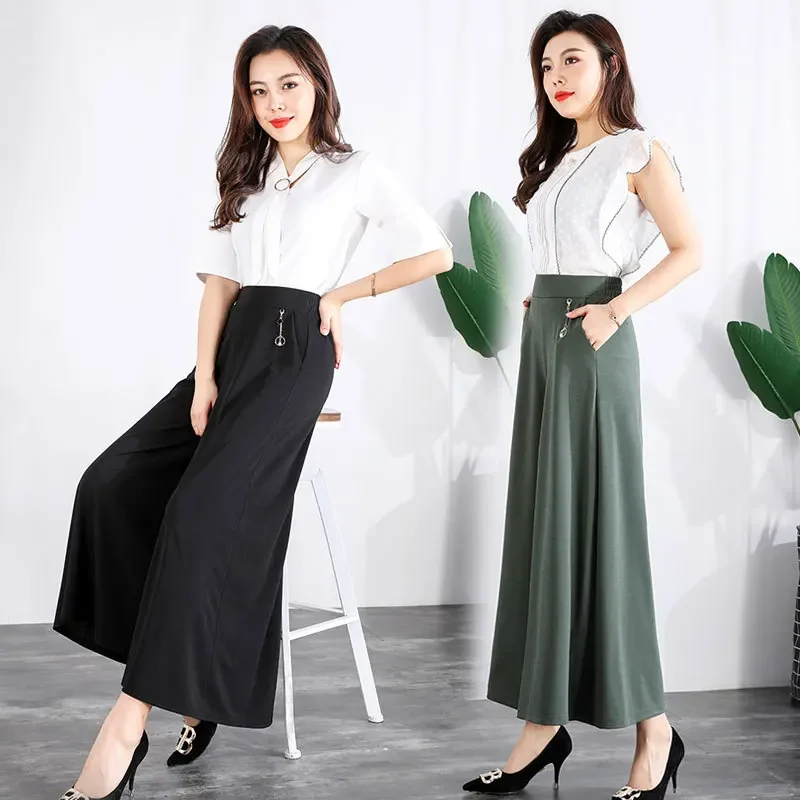 Summer Crop Loose Pants Women's Clothing Calf-Length Wide Leg Pants Skirt Sweatpants Women Elastic Waist Trousers Female