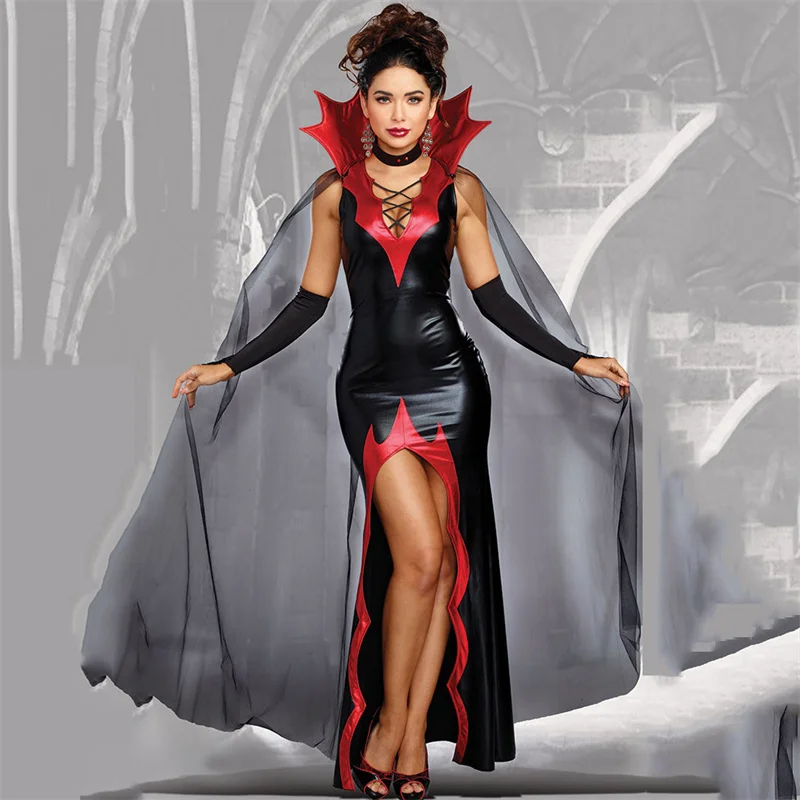 

Halloween Costume Cosplay Witch Dress Women Patent Leather Prom Magic Vampire Female Demon Christmas Costumes Role Playing Cloak