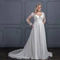 Elegant Wedding Dresses Plus Size V-Neck Full Sleeves Zipper Backless Bride Gowns Chiffon A-Line Lace Applique Vestido De Noiva