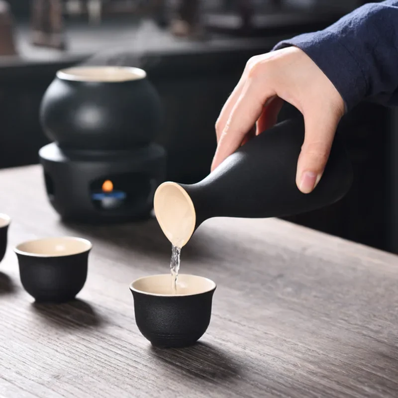 Ceramic Sake Set with Warmer Include 1pc Sake Bottle 4pc Cups 1pc Warmer Cup Candle Heating Stove ceramic sake set