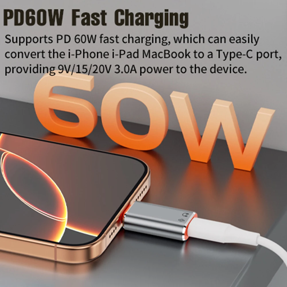 Type-c - Lightning 헤드폰 오디오 어댑터 Iphone용 USB-C 변환기 PC 노트북 iPad용 삼성 PD60W 고속 충전 어댑터