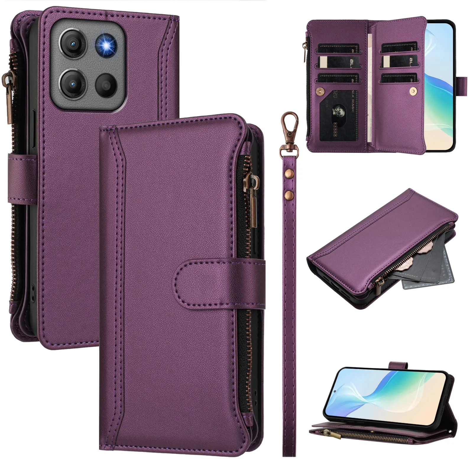 Leather Magnetic Zipper Flip Phone Wallet Case