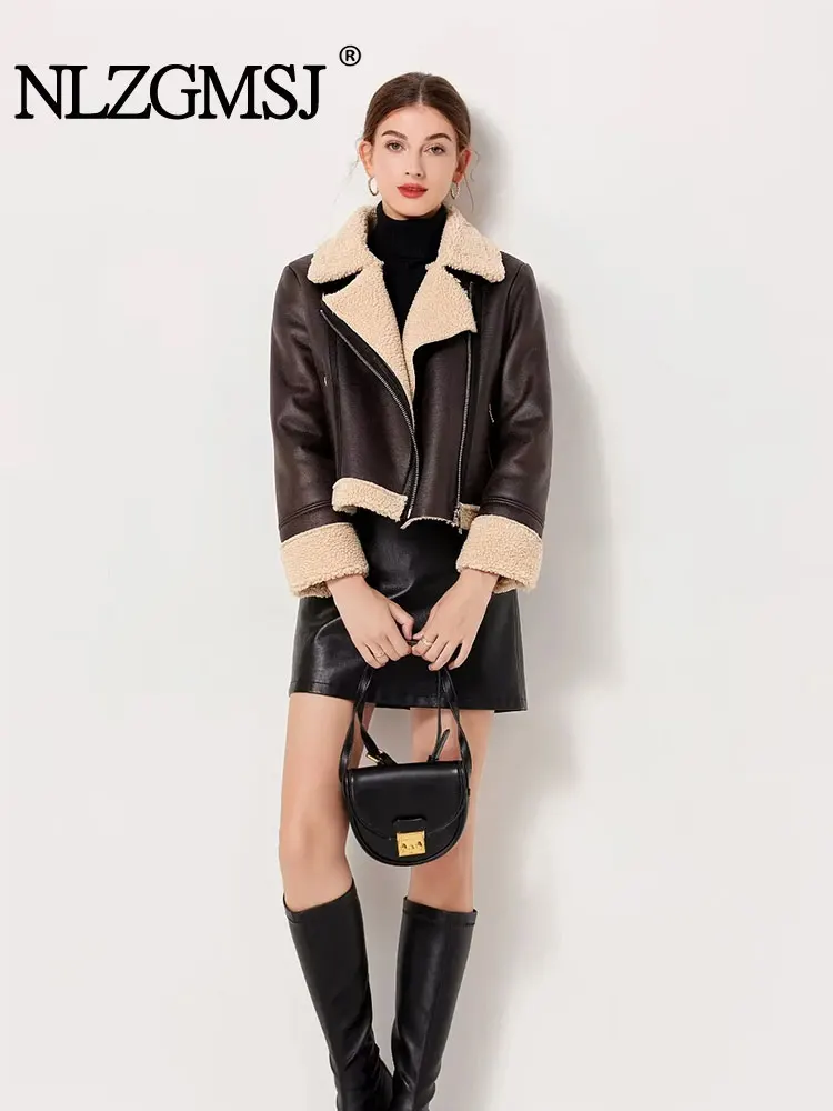 

Nlzgmsj TRAF Autumn Winter Women Faux Lamb Fur Thick Warm Jacket Streetwear Female Zipper Loose Moto Biker Coat Outwear